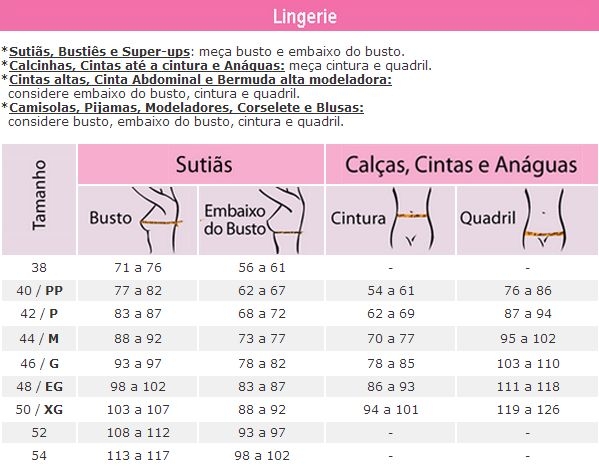 Tabela de Medidas* - Demillus Vitrine Valerya Moura